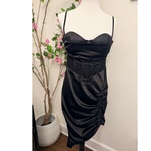Black Satin Lace Corset Dress Ruched Side Spaghetti Strap Midi Slip Size Large